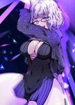  1girl arm_behind_back arm_up black_dress black_jacket blue_eyes blush breasts cleavage covered_navel cropped_jacket dress fate/grand_order fate_(series) glasses grey_hair hood hooded_jacket jacket jacques_de_molay_(foreigner)_(fate) jacques_de_molay_(foreigner)_(second_ascension)_(fate) large_breasts long_sleeves looking_at_viewer open_clothes open_jacket open_mouth satou_nui short_dress short_hair smile solo thighs 