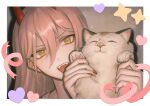  1girl animal border cat chainsaw_man closed_eyes cross-shaped_pupils fangs fingernails hair_between_eyes head_only heart_stickers highres holding holding_animal holding_cat horns kgynh long_hair looking_at_viewer meowy_(chainsaw_man) open_mouth picture_(object) pink_hair power_(chainsaw_man) red_horns red_nails sharp_fingernails shirt smile star_sticker sticker white_border white_cat white_shirt yellow_eyes 