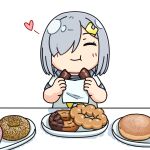  bib closed_eyes commentary_request doughnut eating food grey_hair grey_sailor_collar hair_ornament hair_over_one_eye hairclip hama!_(3toshinhmkz) hamakaze_(kancolle) kantai_collection neckerchief no_nose sailor_collar school_uniform serafuku short_hair simple_background upper_body white_background yellow_neckerchief 