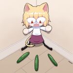  1girl animal_ears black_pantyhose blonde_hair cat_ears cat_girl cat_tail cucumber highres indoors meowmei neco-arc open_mouth pantyhose purple_skirt red_eyes scared skirt solo sweater tail tsukihime white_sweater 