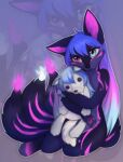  2024 anthro black_nose blue_hair canid canine digital_drawing_(artwork) digital_media_(artwork) fox fur hair heterochromia hi_res holding_object holding_plushie mammal multi_tail multicolored_hair nude pink_eyes plushie solo tail yshanii 