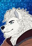  anthro bird_dog blue_eyes canid canine canis clothed clothing colored digital_drawing_(artwork) digital_media_(artwork) domestic_dog fluffy_r0se_petals fur hair hi_res hunting_dog male mammal portrait simple_background smile solo topwear white white_body wolf 
