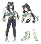  1girl animal_ears arm_up belt black_hair black_pants braid breasts cat_ears cat_girl chain cleavage clover_hair_ornament four-leaf_clover_hair_ornament full_body green_eyes green_tank green_tank_top hair_ornament hand_on_hip highres jacket kitsunya_(vtuber) kuri_(animejpholic) long_hair multiple_views navel off_shoulder original pants shoes simple_background sleeves_past_wrists solo tank_top twin_braids twintails virtual_youtuber white_background white_footwear white_jacket 