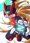  1boy amidatto armor black_eyes blonde_hair clenched_teeth energy_sword helmet holding holding_sword holding_weapon long_hair male_focus mega_man_(series) mega_man_zero_(series) mega_man_zero_4 red_armor red_helmet serious simple_background solo sword teeth weapon white_background z_saber zero(z)_(mega_man) zero_(mega_man) 