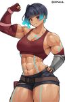  abs absurdres aqua_hair arm_guards belt belt_pouch blue_hair breasts brown_eyes cleavage cowboy_shot cromwellb crop_top elbow_gloves fiery_hair gloves glowing_lines grin highres large_breasts multicolored_hair muscular muscular_female pouch sena_(xenoblade) short_hair shorts smile sports_bra twitter_username two-tone_hair xenoblade_chronicles_(series) xenoblade_chronicles_3 