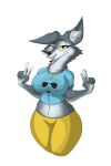  anthro bottomwear breasts canid canine canis clothing female foxgumie grey_body hi_res illumination_entertainment mammal pants porsha_crystal shirt simple_background sing_(movie) solo topwear white_background wolf yellow_eyes 