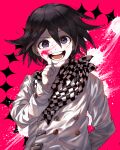  1boy arm_behind_back arm_belt belt black_scarf blood blood_on_face blood_splatter buttons checkered_clothes checkered_scarf colored_tips crazy crazy_eyes danganronpa_(series) danganronpa_v3:_killing_harmony double-breasted finger_to_cheek hair_between_eyes jacket male_focus multicolored_background multicolored_hair oma_kokichi open_mouth pale_skin pink_background pink_blood purple_eyes purple_hair scarf short_hair simple_background smeared_blood smile solo straight-on teeth two-tone_scarf upper_body white_belt white_blood white_jacket white_scarf zongil_salryeo 