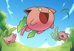  :d cloud commentary day english_commentary falling_leaves grass happy highres hoppip leaf no_humans open_mouth orlek outdoors pokemon pokemon_(creature) sky smile tongue yellow_eyes 