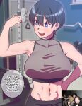  1girl abs andrian_januar_adilia armpit_crease black_hair black_pants blue_eyes clenched_hand commentary english_commentary english_text gaijin_4koma_(meme) grey_shirt gym hand_on_own_hip hand_up highres meme navel open_mouth original pants photo_inset shirt short_hair sleeveless sleeveless_shirt solo speech_bubble standing teeth upper_body upper_teeth_only 