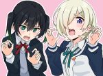  2girls black_hair black_jacket blonde_hair blush claw_pose collared_shirt commentary ear_piercing gradient_hair green_eyes green_hair green_ribbon grey_vest hair_over_one_eye hands_up highres jacket long_sleeves looking_at_viewer love_live! love_live!_nijigasaki_high_school_idol_club medium_hair mia_taylor multicolored_hair multiple_girls neck_ribbon nijigasaki_school_uniform one_eye_covered open_clothes open_jacket open_mouth outline piercing pink_background poizun_(user_wmgk4287) purple_eyes red_ribbon ribbon school_uniform shirt short_hair sidelocks takasaki_yu twintails upper_body v-shaped_eyebrows vest white_jacket white_outline white_shirt winter_uniform 