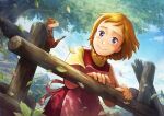  1girl animal annette_burnier apron blue_sky blush_stickers brown_hair child fence highres leaf looking_at_animal nakajima_majikana outdoors short_hair short_sleeves sky smile solo tree watashi_no_annette wooden_fence world_masterpiece_theater 