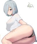  1girl absurdres alternate_costume artist_logo black_panties breasts hair_ornament hair_over_one_eye hairclip hamakaze_(kancolle) highres kantai_collection lanthan large_breasts looking_at_viewer lying on_side panties school_uniform serafuku shirt short_hair simple_background solo t-shirt underwear white_background white_shirt 