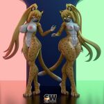  3d_(artwork) abs absurd_res anthro areola artist_logo athletic big_breasts big_butt blender_(artwork) blender_eevee blonde_hair bottom_heavy breasts butt cheetah curvy_figure digital_media_(artwork) duo elaine_miller_(spitfire420007) felid feline female female/female fur genitals green_eyes hair hi_res huge_breasts logo looking_at_viewer mammal markings nataly_miller_(spitfire420007) nipples nude open_mouth pussy red_eyes sibling_(lore) sister_(lore) sisters_(lore) small_breasts smile smiling_at_viewer snippwapp spots spotted_body standing tail thick_thighs top_heavy twins_(lore) voluptuous wide_hips 