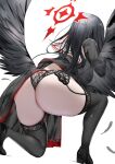  1girl ass ass_focus black_hair black_panties black_serafuku black_thighhighs black_wings blue_archive commentary_request feathered_wings from_behind garter_belt halo hasumi_(blue_archive) highres kokihanada lace lace_panties large_wings long_hair long_skirt low_wings one_knee panties pleated_skirt sailor_collar school_uniform see-through_panties serafuku simple_background skindentation skirt solo thighhighs underwear white_background white_sailor_collar wings 