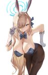  1girl absurdres animal_ears asuna_(blue_archive) asuna_(bunny)_(blue_archive) bent_over black_pantyhose blonde_hair blue_archive blue_eyes bow breasts cleavage collar commentary gloves hair_bow hair_over_one_eye halo hand_on_hip hanging_breasts highres large_breasts lilithmy long_hair mole mole_on_breast official_alternate_costume pantyhose playboy_bunny rabbit_ears simple_background smile solo spread_fingers thighband_pantyhose thighs v very_long_hair white_background 