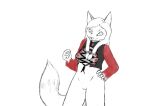  anthro bottomless canid canine clothed clothing dapper_wolf female fox genitals hair hand_on_hip long_hair looking_down mammal nipples nude pussy red_nipples red_sleeves sketch solo sunny_day_(dapper_wolf) 