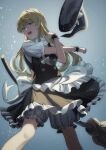  1girl absurdres blonde_hair bloomers broom hat hat_removed headwear_removed highres kirisame_marisa long_hair nyaabun open_mouth short_sleeves solo stretching touhou two-tone_dress underwear white_bloomers witch_hat yellow_eyes 