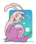  ambiguous_gender blue_background chaba feral generation_6_pokemon green_eyes hi_res looking_at_viewer nintendo open_mouth pokemon pokemon_(species) purple_body simple_background sliggoo solo white_background 
