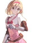  1girl armor belt blonde_hair bow breasts brown_belt brown_eyes cleavage closed_mouth collarbone commentary_request cowboy_shot djeeta_(granblue_fantasy) dress gauntlets granblue_fantasy hair_between_eyes hairband highres looking_at_viewer pink_dress pink_hairband puffy_short_sleeves puffy_sleeves red_bow red_ribbon ribbon shirt short_hair short_sleeves simple_background small_breasts smile solo standing upper_body white_background yumeme_818 