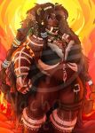  anthro barbarian bear belly big_breasts bottomwear braided_hair breasts brown_body brown_fur cleavage clothed clothing digital_drawing_(artwork) digital_media_(artwork) fangs female fire fluffy_r0se_petals fur hair horn jewelry long_hair mammal muscular necklace overweight portrait shaded solo tattoo teeth ursine 
