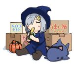  alternate_costume animal_ears basket black_headwear black_pantyhose blue_dress box cardboard_box cat_ears closed_eyes commentary_request dress eating grey_hair hair_ornament hair_over_one_eye hairclip hama!_(3toshinhmkz) hamakaze_(kancolle) hat kantai_collection no_nose pantyhose short_hair simple_background stuffed_animal stuffed_shark stuffed_toy translation_request white_background witch_hat 