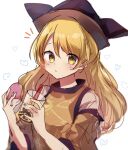  1girl \||/ blonde_hair cup heart holding holding_cup long_hair looking_at_viewer matara_okina moshihimechan simple_background solo touhou upper_body white_background yellow_eyes 