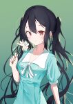  1girl absurdres bangs black_hair blush brown_eyes closed_mouth commentary dress flower gradient gradient_background green_background green_dress highres holding holding_flower k-on! looking_at_viewer nakano_azusa short_sleeves simple_background siro111 smile solo twintails upper_body 
