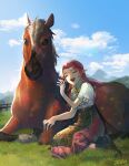  1girl black_footwear boots closed_eyes epona farm full_body highres horse kneeling laughing long_hair long_skirt malon neckerchief open_mouth outdoors parted_bangs pink_skirt pointy_ears red_hair shirt short_sleeves sidelocks skirt smile the_legend_of_zelda the_legend_of_zelda:_ocarina_of_time white_shirt yellow_neckerchief zeldm 