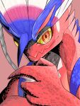  colored_sclera colored_skin dragon feather_hair highres koraidon looking_at_viewer no_humans orange_eyes pokemon pokemon_(creature) red_background red_skin simple_background solo watashihae yellow_sclera 
