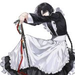  1boy alternate_costume apron arms_up black_dress black_hair braid braided_ponytail crossdressing dress enmaided fate/grand_order fate_(series) fishing_rod frilled_apron frills hand_on_hand highres knees_up long_hair long_sleeves looking_at_viewer maid maid_apron male_focus male_maid one_eye_closed outstretched_arms own_hands_together puffy_sleeves rgb12800 simple_background smile solo tai_gong_wang_(fate) white_apron white_background 