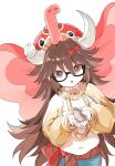  1girl animal_on_hand belly bindi bindi_visible_through_hair bow breasts brown_eyes brown_hair cleavage commentary_request elaine-didaea elephant_hat fate/grand_order fate_(series) ganesha_(fate) glasses hair_between_eyes hair_bow highres jinako_carigiri large_breasts long_hair looking_at_viewer midriff mouse_(animal) navel open_mouth plump semi-rimless_eyewear simple_background solo very_long_hair white_background 