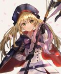  1girl artoria_caster_(fate) artoria_caster_(second_ascension)_(fate) artoria_pendragon_(fate) black_gloves blonde_hair blue_cape blue_hat blush cape dress falling_petals fate/grand_order fate_(series) gloves green_eyes hat highres holding holding_staff looking_at_viewer parted_lips petals red_cape smile solo staff teeth twintails white_3326 white_background white_dress 