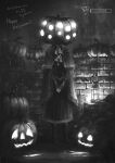  1girl artist_name ascot bloodborne capelet doll_joints dress facing_viewer full_body glowing greyscale happy_halloween highres jewelry joints lamp monochrome necklace own_hands_together plain_doll pumpkin shoes solo standing tripdancer 