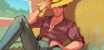  1boy bara beard_stubble denim facial_hair feet_out_of_frame hairy hat highres jeans looking_at_viewer male_focus mature_male mori_doremi muscular muscular_male original pants pectoral_cleavage pectorals sketch_background solo stubble sun_hat thick_eyebrows tsurime 
