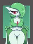  big_breasts blush blush_lines breasts clothed clothing clothing_lift dress dress_lift eyelashes female flashing flashing_pussy gardevoir generation_3_pokemon genitals green_background green_body green_clothing green_hair green_topwear grey_background hair hair_over_eye hi_res humanoid lewdnewt looking_at_viewer navel nintendo one_eye_obstructed pokemon pokemon_(species) pussy red_eyes short_hair simple_background solo thick_thighs topwear white_body white_clothing white_dress wide_hips 