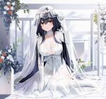  1girl adjusting_clothes adjusting_headwear azuma_(azur_lane) azuma_(lily-white_longing)_(azur_lane) azur_lane bangs black_hair breasts bridal_veil brown_eyes choker cleavage closed_mouth collarbone dress elbow_gloves flower flower_wreath gloves hair_between_eyes hair_flower hair_ornament hand_up head_wreath highres large_breasts long_hair looking_at_viewer official_alternate_costume petals plant qing_wu red_eyeliner red_flower red_rose rose see-through see-through_dress see-through_sleeves sidelocks sitting smile solo thighhighs veil very_long_hair wedding_dress white_choker white_dress white_flower white_gloves white_headwear white_rose white_thighhighs 