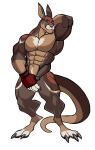  2022 abs anthro barazoku biceps big_muscles claws clothing covering covering_crotch covering_self darknaigart digitigrade eyebrows fingerless_gloves fur gloves hand_behind_head handwear hi_res huge_muscles kangaroo macropod male mammal marsupial muscular muscular_anthro muscular_male navel nude obliques pecs simple_background smile solo standing thick_thighs tuft white_background 