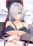  1girl adapted_turret black_bra blue_eyes bra breasts gloves grey_hair hair_ornament hair_over_one_eye hairclip hamakaze_(kancolle) kantai_collection kirishima_satoshi large_breasts rigging short_hair solo underwear upper_body white_gloves 