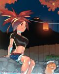  1girl absurdres arm_support belt black_shirt blue_shorts brown_belt bush closed_mouth commentary cropped_shirt eyelashes fence flannery_(pokemon) highres legs_together midriff navel night onsen orlek outdoors pokemon pokemon_(creature) pokemon_rse ponytail red_eyes red_hair shirt shorts sitting sky smile torkoal towel towel_on_head volcano watermark web_address 