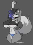  anthro big_breasts blue_eyes breasts canid canine canis clothed clothing female grey_background grey_body hair hi_res huge_breasts mammal natalie_(phosphoruscrow) navel nipples phosphoruscrow purple_hair simple_background skimpy solo stretching_arms tail thick_thighs under_boob wolf 