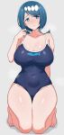  1girl arm_behind_back barefoot blue_eyes blue_hair blue_one-piece_swimsuit breasts cleavage closed_mouth collarbone covered_navel curvy freckles full_body grey_background groin hair_ornament hand_up highres kamidan kneeling lana&#039;s_mother_(pokemon) large_breasts looking_at_viewer mature_female one-piece_swimsuit pokemon pokemon_sm ponytail simple_background solo swimsuit thighs toes 