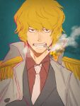  1boy blonde_hair cigarette coat coat_on_shoulders collared_coat donquixote_rocinante epaulettes grey_jacket jacket looking_at_viewer male_focus necktie one_piece parted_lips potechi_norisio short_hair simple_background smoke smoking solo wing_collar 
