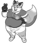  anthro belly bottomwear bulge butti_myroom canid canine clothing footwear fox gesture greyscale hand_gesture iyo_(tamacolle) looking_at_viewer male mammal monochrome overweight pawpads shoes shorts smile sneakers solo tamacolle v_sign 