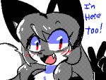  anthro arm_markings averi_(fiddleafox) bangs blue_eyes blush canid canine chest_tuft digital_media_(artwork) dipstick_tail english_text fangs female flipnote_studio_(artwork) flipnote_studio_(copyright) fox fur gloves_(marking) grey_body grey_fur hair long_hair mammal markings pink_tongue red_eyes restricted_palette side_bangs solo tail tail_markings teeth text tongue tuft unknown_artist 