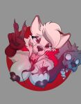 anthro big_breasts blood bodily_fluids breasts canid canine column female fox foxgumie gesture gore hand_gesture head_grab hi_res jaws mammal red_eyes solo tongue tongue_out v_sign white_body