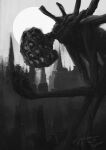  1other ambiguous_gender amygdala blood bloodborne city extra_eyes from_side greyscale hat highres hunter_(bloodborne) looking_at_another monochrome monster moon outdoors size_difference tricorne tripdancer watermark 