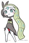  :&lt; blush_stickers closed_mouth colored_skin commentary dress frown full_body gigobyte350 green_eyes green_hair long_hair looking_down meloetta meloetta_(aria) panties pokemon pokemon_(creature) red_panties side-tie_panties solo standing underwear white_skin 