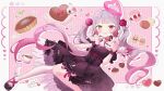  1girl :d absurdres amana_ryuna angel_wings black_dress black_footwear blush candy chocolate cup dress floating flower food food-themed_background frilled_dress frills gradient_hair grey_hair hair_flower hair_ornament halo heart heart-shaped_chocolate heterochromia highres holding holding_chocolate holding_food indie_virtual_youtuber long_hair looking_at_viewer multicolored_hair open_mouth pink_hair red_eyes rose sample_watermark shoes short_sleeves single_thighhigh smile solo thighhighs twintails usanta very_long_hair virtual_youtuber watermark wings wrist_cuffs yellow_eyes 