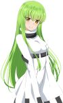  1girl bodysuit breasts c.c. code_geass dars_(recolors) green_hair grin highres long_hair looking_at_viewer simple_background smile solo turtleneck very_long_hair white_background white_bodysuit wide_sleeves yellow_eyes 