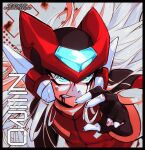  1boy armor artist_name blood blood_from_mouth blood_on_face blue_eyes character_name close-up english_commentary forehead_jewel grey_hair helmet highres long_hair male_focus mega_man_(series) mega_man_zero_(series) muted_color red_armor red_helmet solo twitter_username windnevermind zero(z)_(mega_man) zero_(mega_man) 